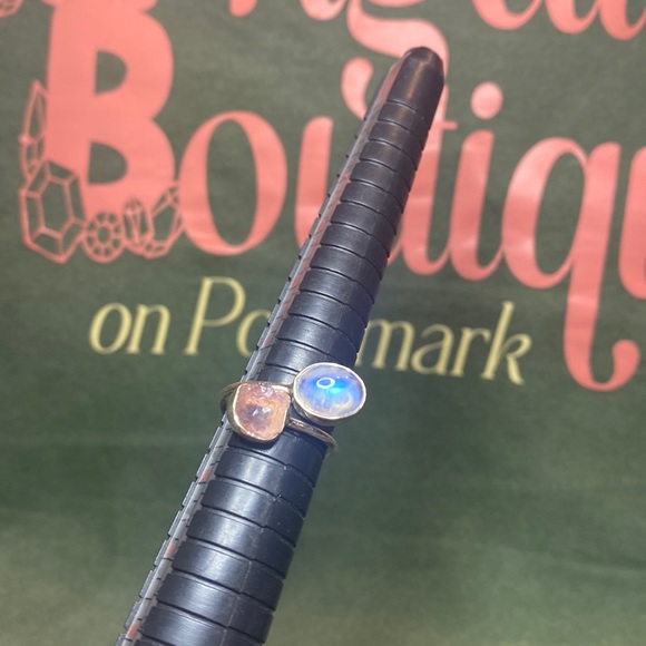 Solid Sterling Silver Rose Quartz and Rainbow Moonstone Ring - Picture 1 of 4